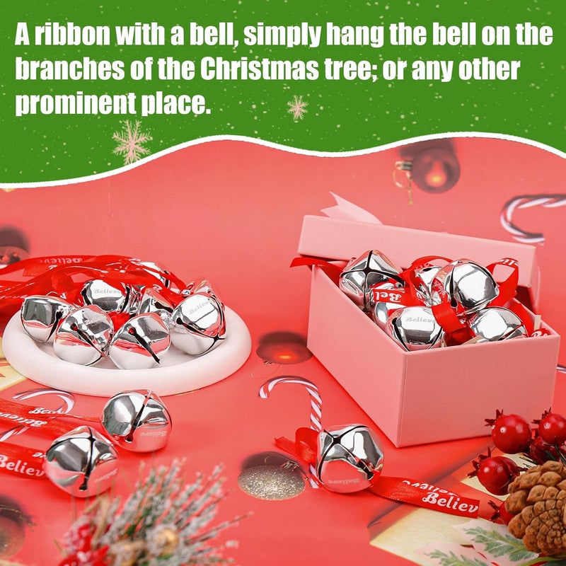 LUYI 40 Sets Christmas Bells Ornaments, Christmas Believe Bells Bulk Polar Express Decorations Xmas Party Gifts Favors Silver Sleigh Jingle Bells for Christmas Tree Home Decoration(1.6 Inch) - Image 5